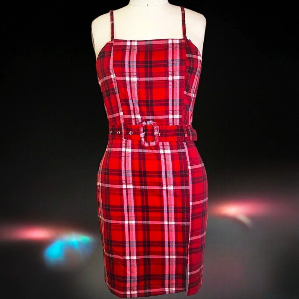 Jolie n Joy red plaid spaghetti strap belted sexy dress